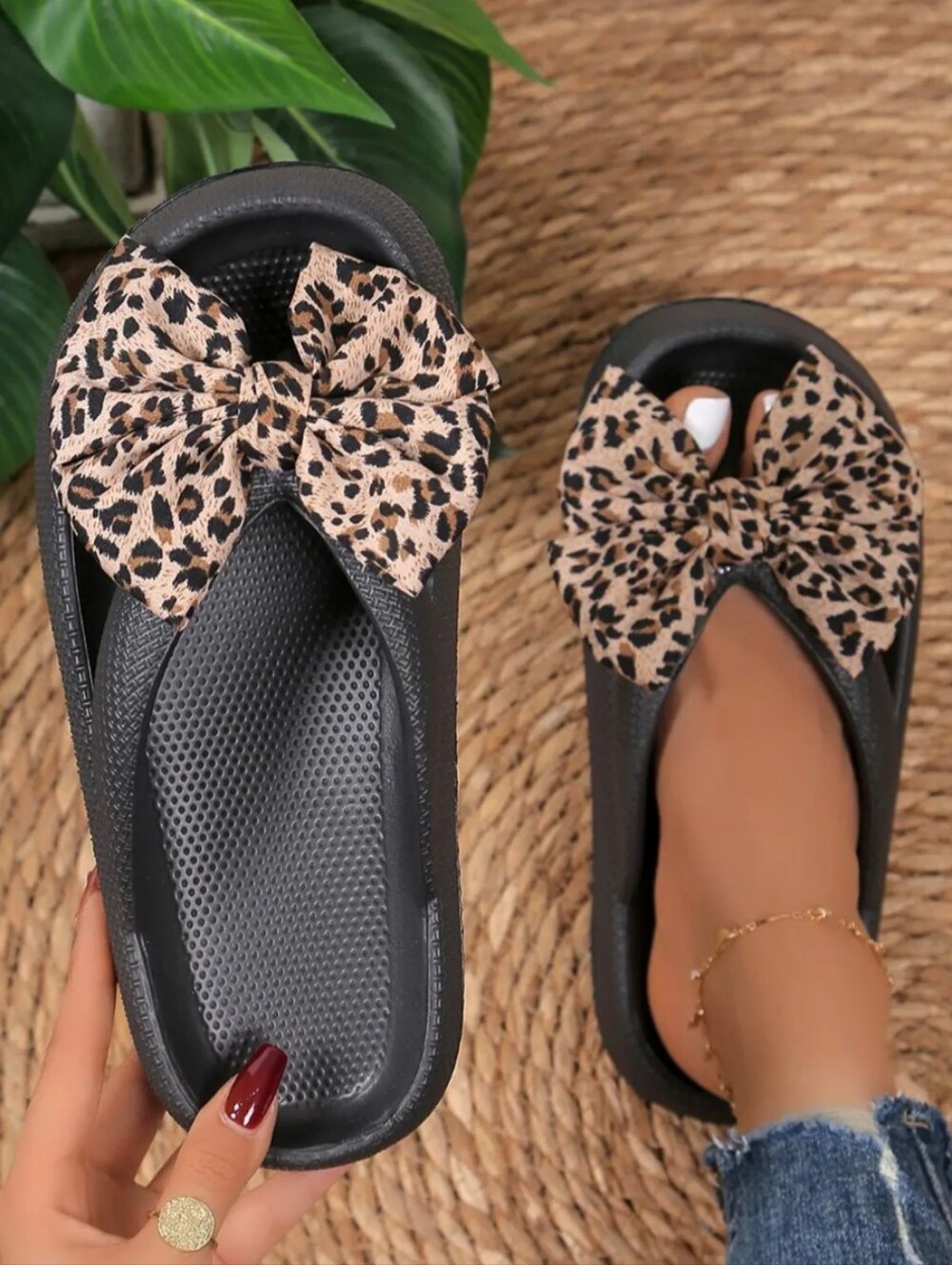 Leopard Bow Black Slide Sandals - EU 38-39 NEW